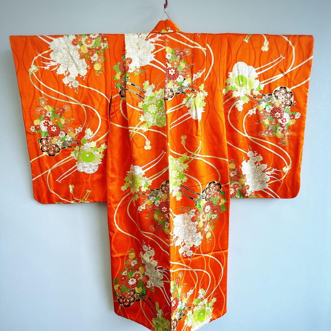 七五三 3歳 きもの着物 被布セット オレンジ×白系　小物セット