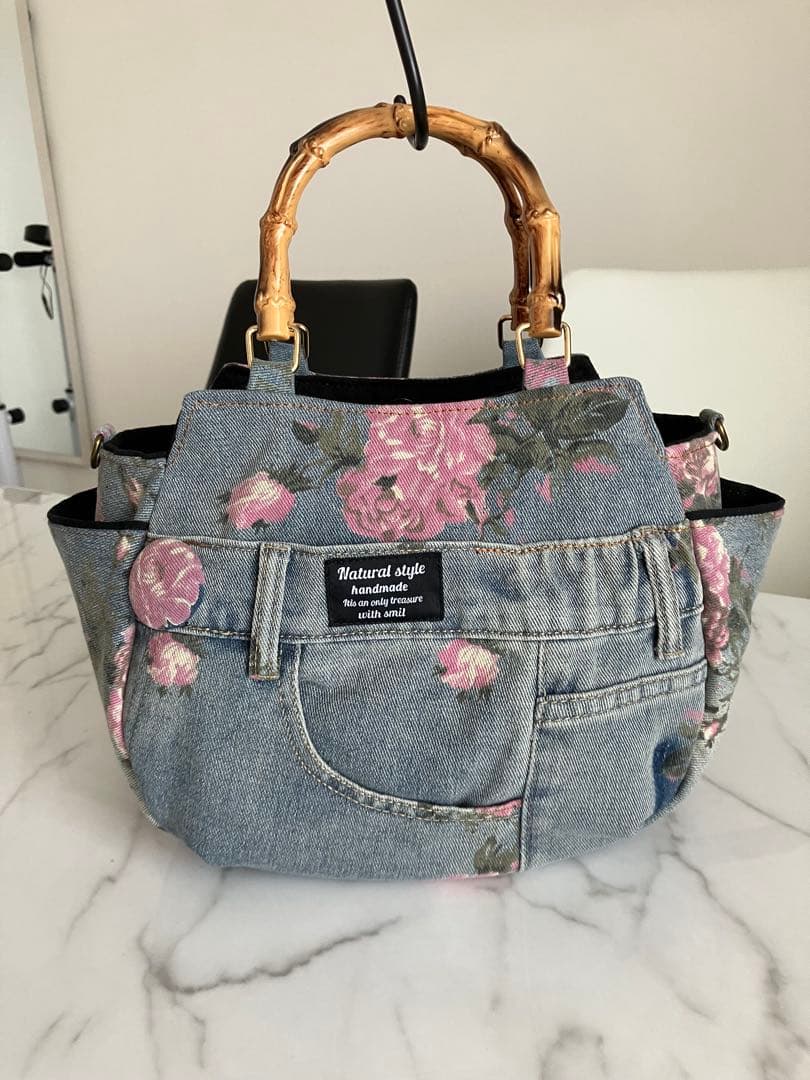 790 フローレンス　花柄デニムリメイクバック　ハンドメイド