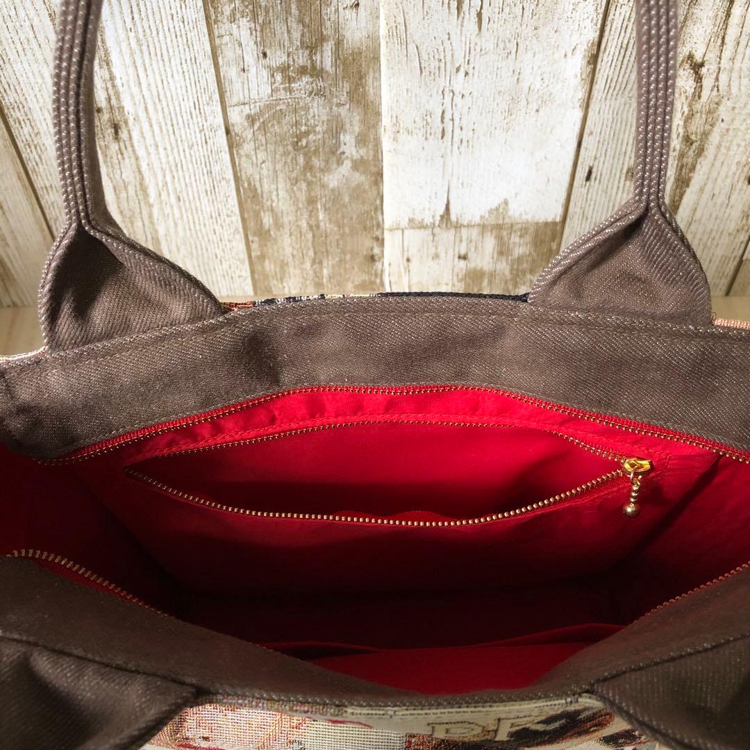 トートバッグ　ハンドメイド　デニムリメイク　ブラウン　レッド【新品デニム】