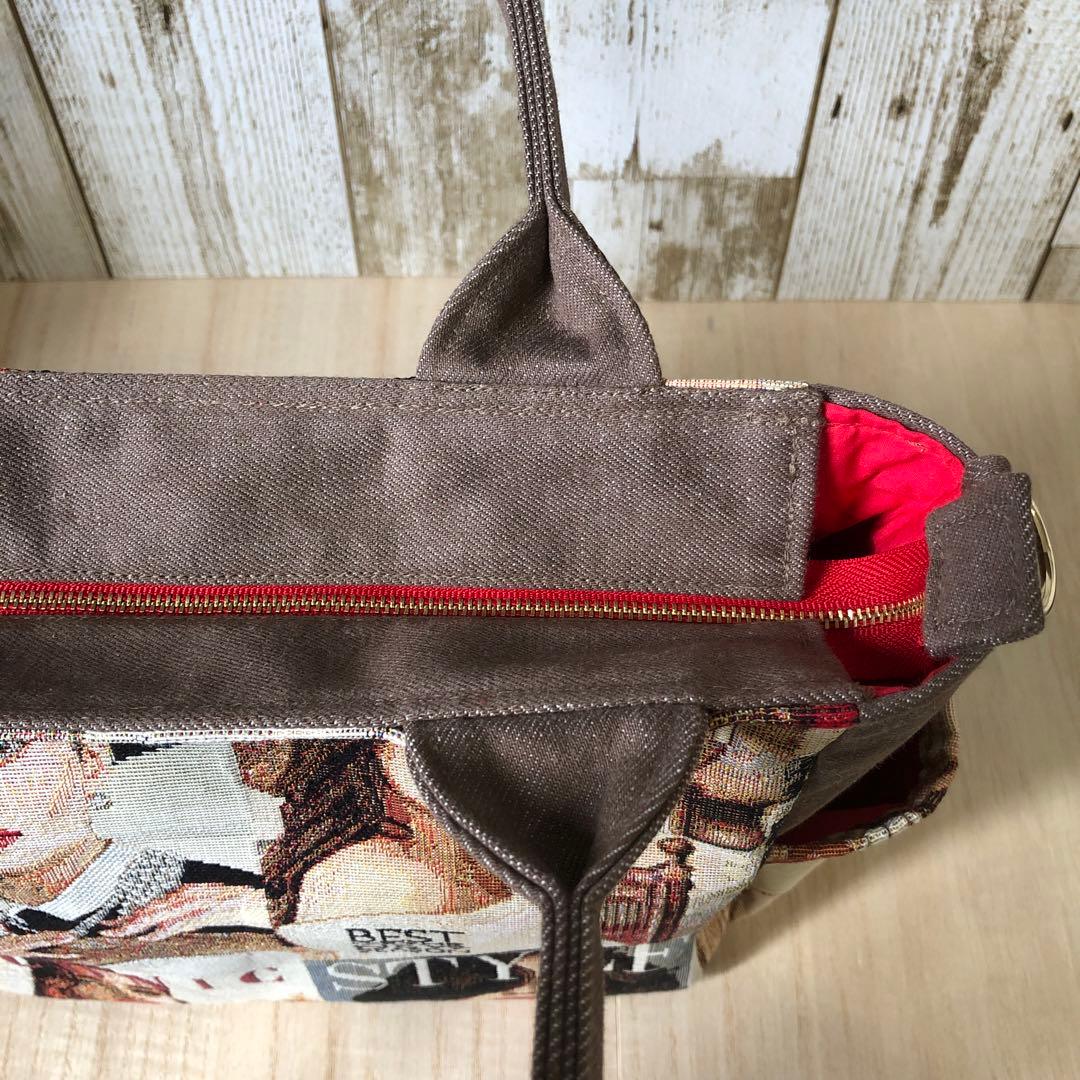 トートバッグ　ハンドメイド　デニムリメイク　ブラウン　レッド【新品デニム】