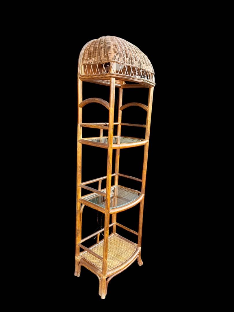 【超希少】年代物　ランプ付ラタンディスプレイラック ガラス棚 籐家具ヴィンテージ