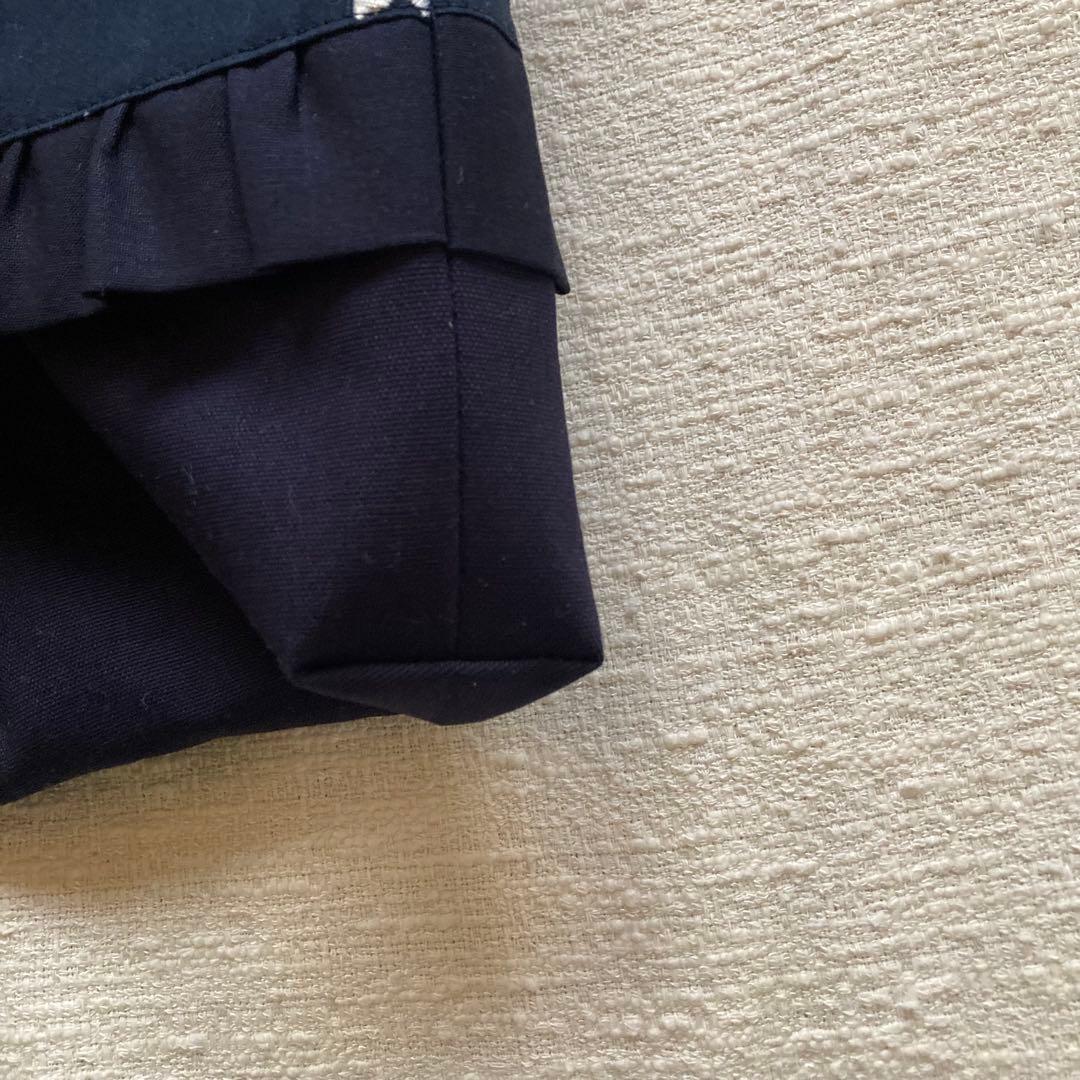 kiki！リボン柄刺繍無地両面フリルレッスンバッグ+上履き袋 紺