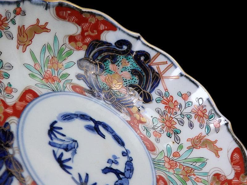 古伊万里　金襴手　兎に花の図　膾皿　２客　B338AS-CVa
