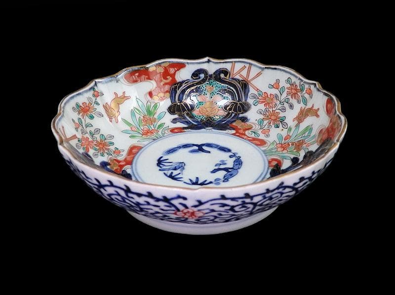 古伊万里　金襴手　兎に花の図　膾皿　２客　B338AS-CVa