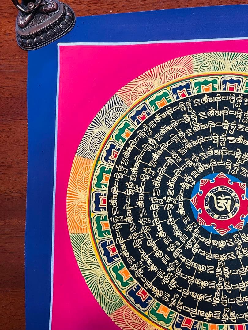 【手描き一点物】チベット密教 曼荼羅タンカ 六字真言入り／開運・護符・浄化p