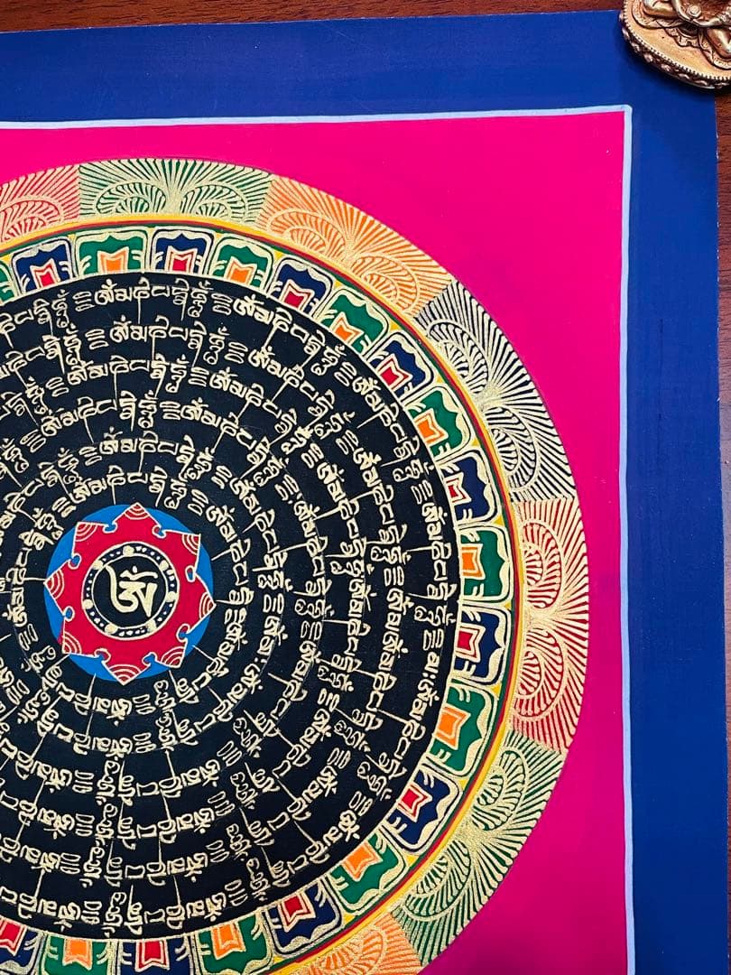 【手描き一点物】チベット密教 曼荼羅タンカ 六字真言入り／開運・護符・浄化p