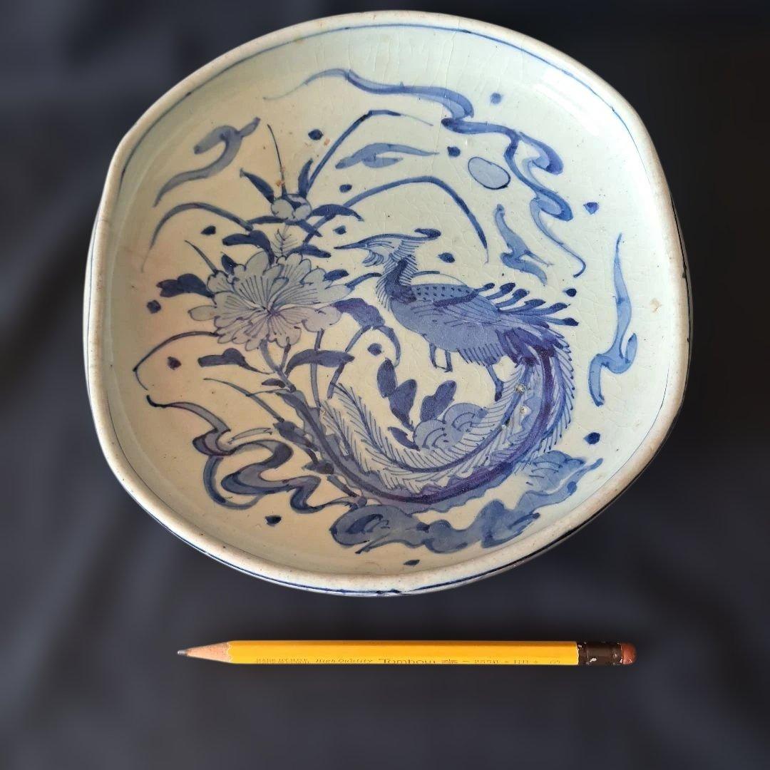 「まるで若冲(じゃくちゅう)？！のタッチ」 古伊万里染付皿(最大幅23cm) 骨