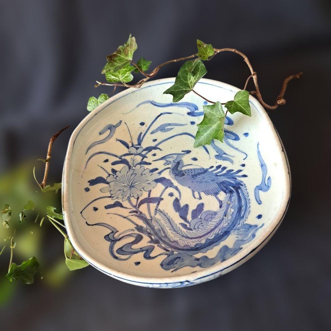 「まるで若冲(じゃくちゅう)？！のタッチ」 古伊万里染付皿(最大幅23cm) 骨