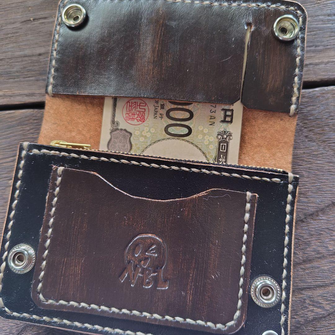 ミドルサイズ トラッカーウォレット 黒×茶 手染め