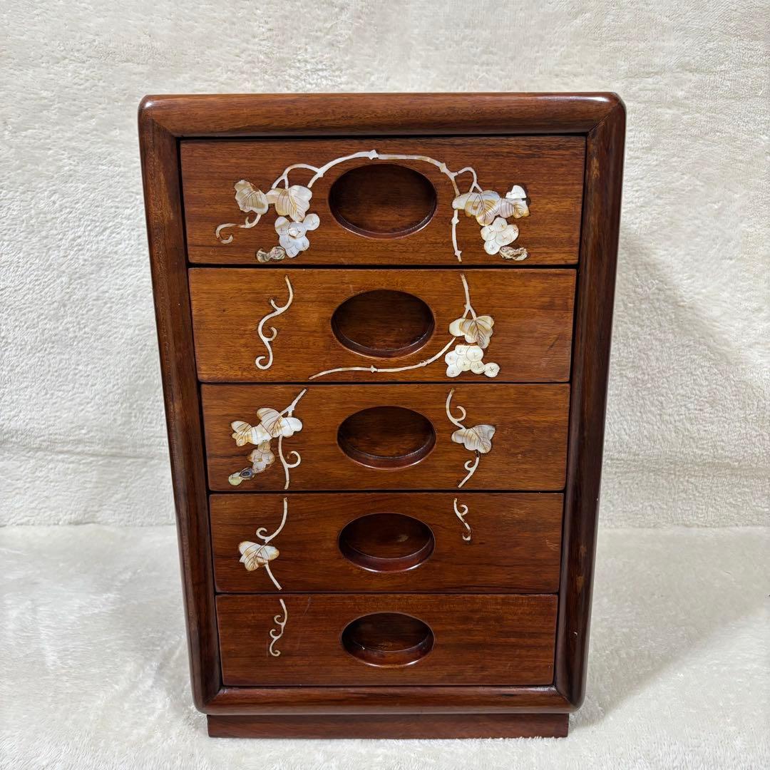 【希少品】螺鈿 家具 唐木 花梨 螺鈿細工 葡萄柄 小引出し5段 レトロ