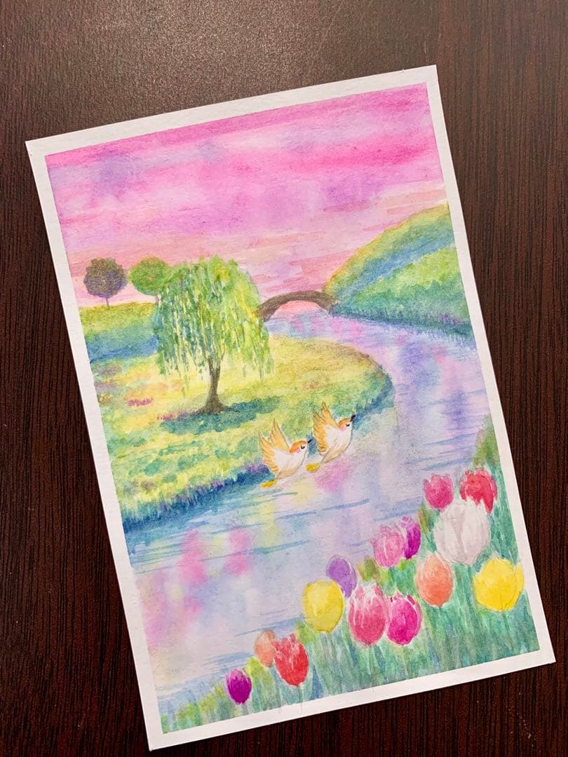 水彩画　夕暮れの川辺のチューリップ　値段は※900円です