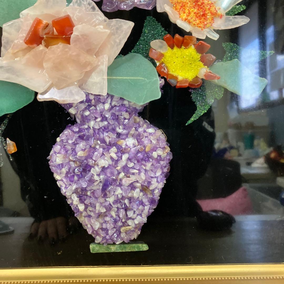 豪華 工芸品 天然石アート 石画 花瓶の華 額装 彫刻 アート ストーンアート