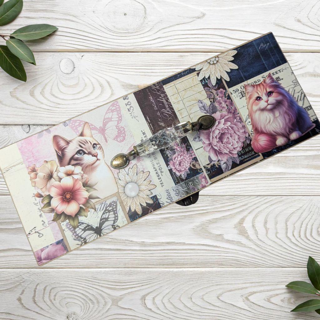 猫と花 木箱 ハンドメイド小物収納ボックス