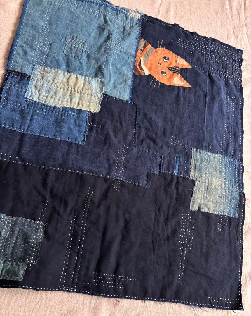 藍染古布　大きいマット　柿渋ねこさん