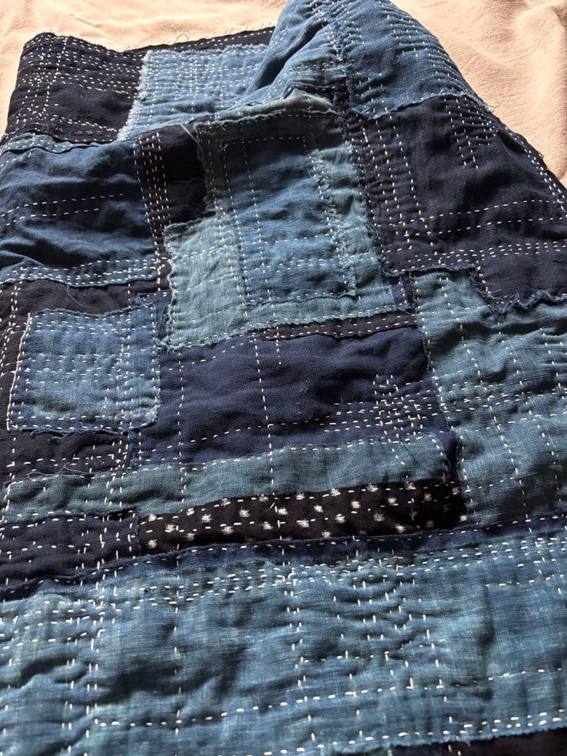 藍染古布　大きいマット　柿渋ねこさん