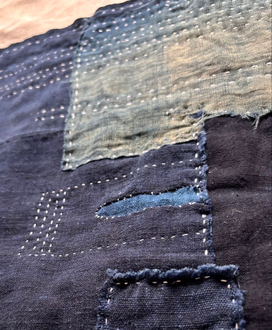 藍染古布　大きいマット　柿渋ねこさん