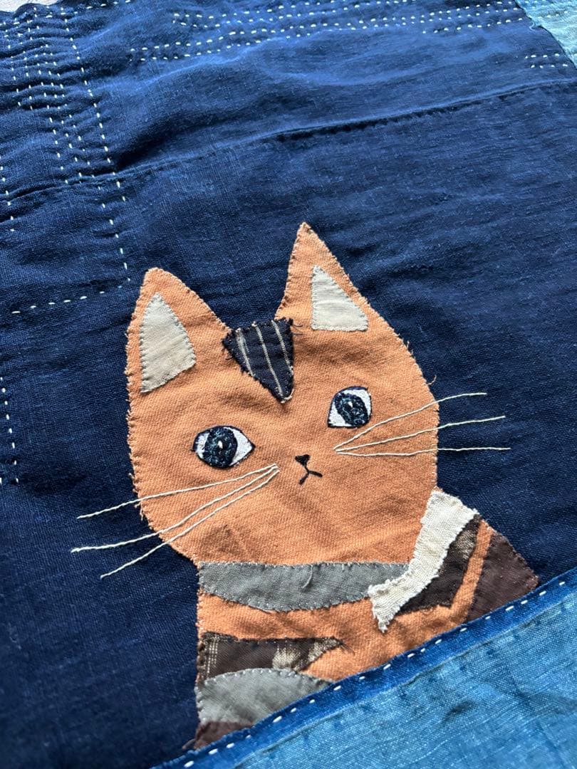 藍染古布　大きいマット　柿渋ねこさん