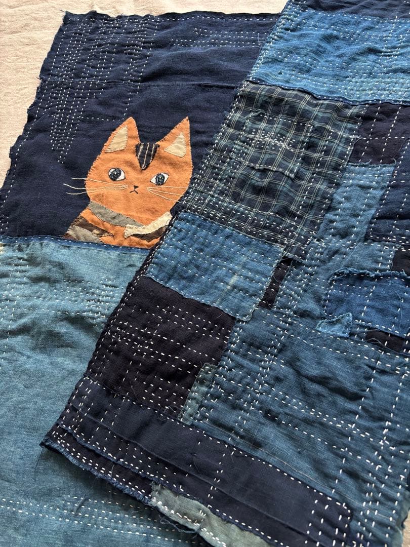 藍染古布　大きいマット　柿渋ねこさん