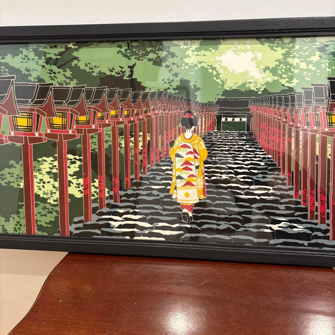 京都　貴船神社　舞妓　染色手ぬぐいと額　絵画風　黒　額　永楽屋
