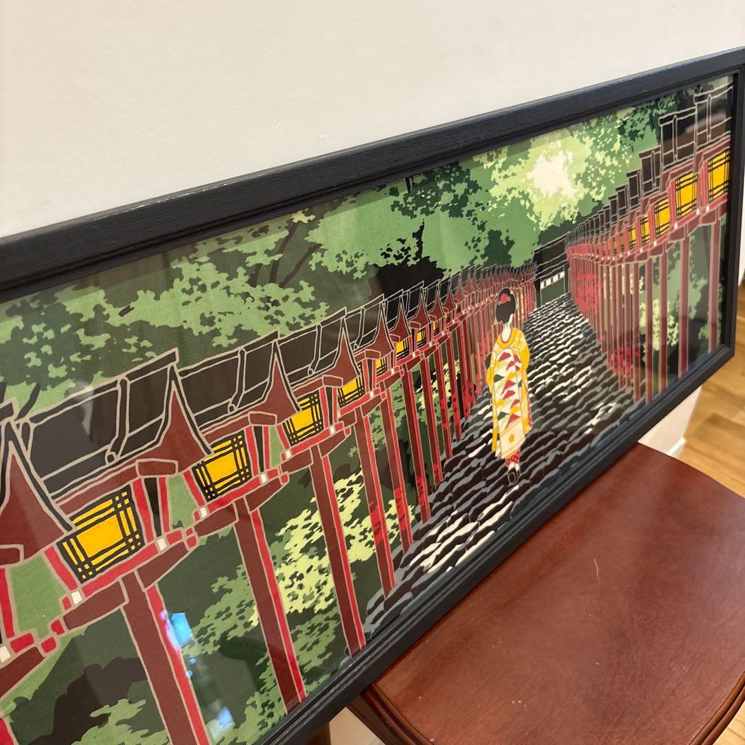 京都　貴船神社　舞妓　染色手ぬぐいと額　絵画風　黒　額　永楽屋