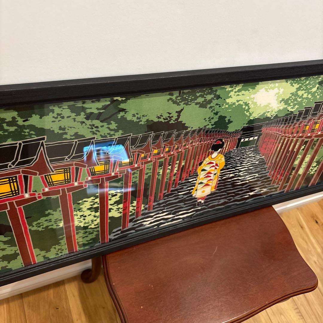 京都　貴船神社　舞妓　染色手ぬぐいと額　絵画風　黒　額　永楽屋