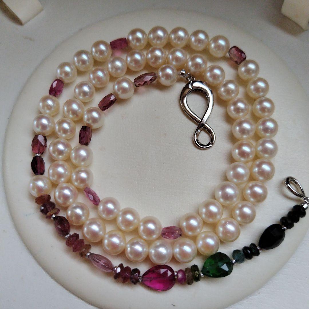 アコヤ真珠と、各種トルマリンの、3WAYネックレス