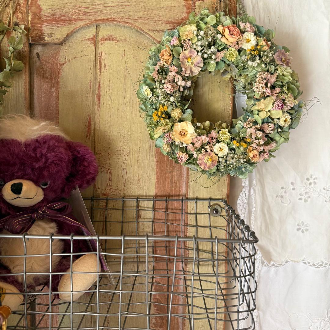 秋色紫陽花とナチュラルなお花たちのリース21㌢ドライフラワー