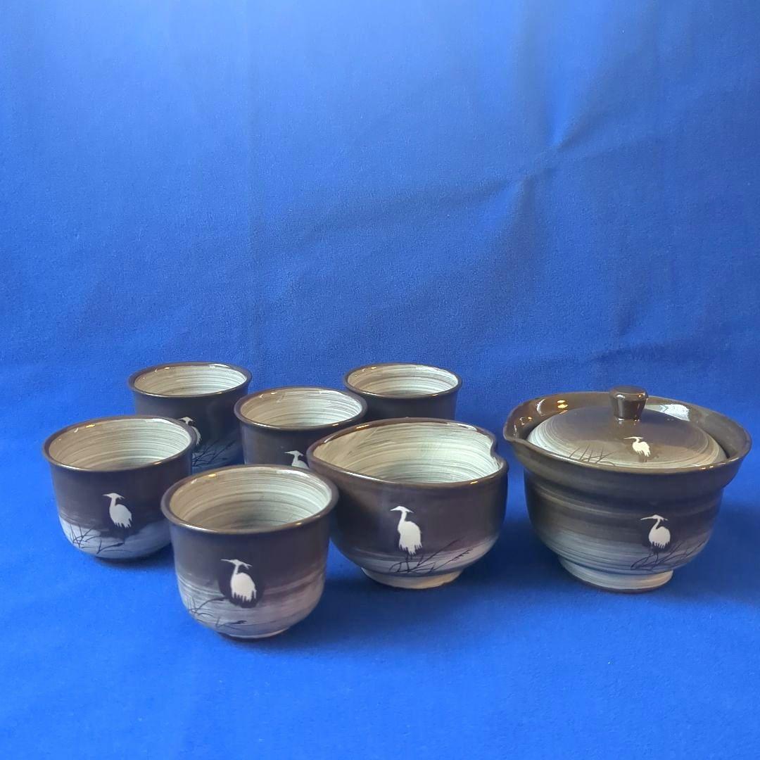 臥牛窯 現川焼 茶器セット 無形文化財指定　十三代横石臥牛　刷毛白鷺図