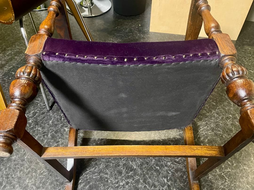 アンティーク チェアー パープル生地 彫刻 英国？ ヴィンテージ 家具 椅子