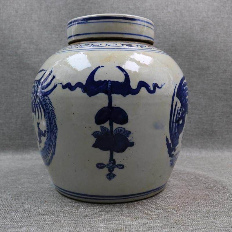 青花鳳紋陶磁蓋壺 景徳鎮 陶磁器 装飾品 現代工芸品 美術品 置物