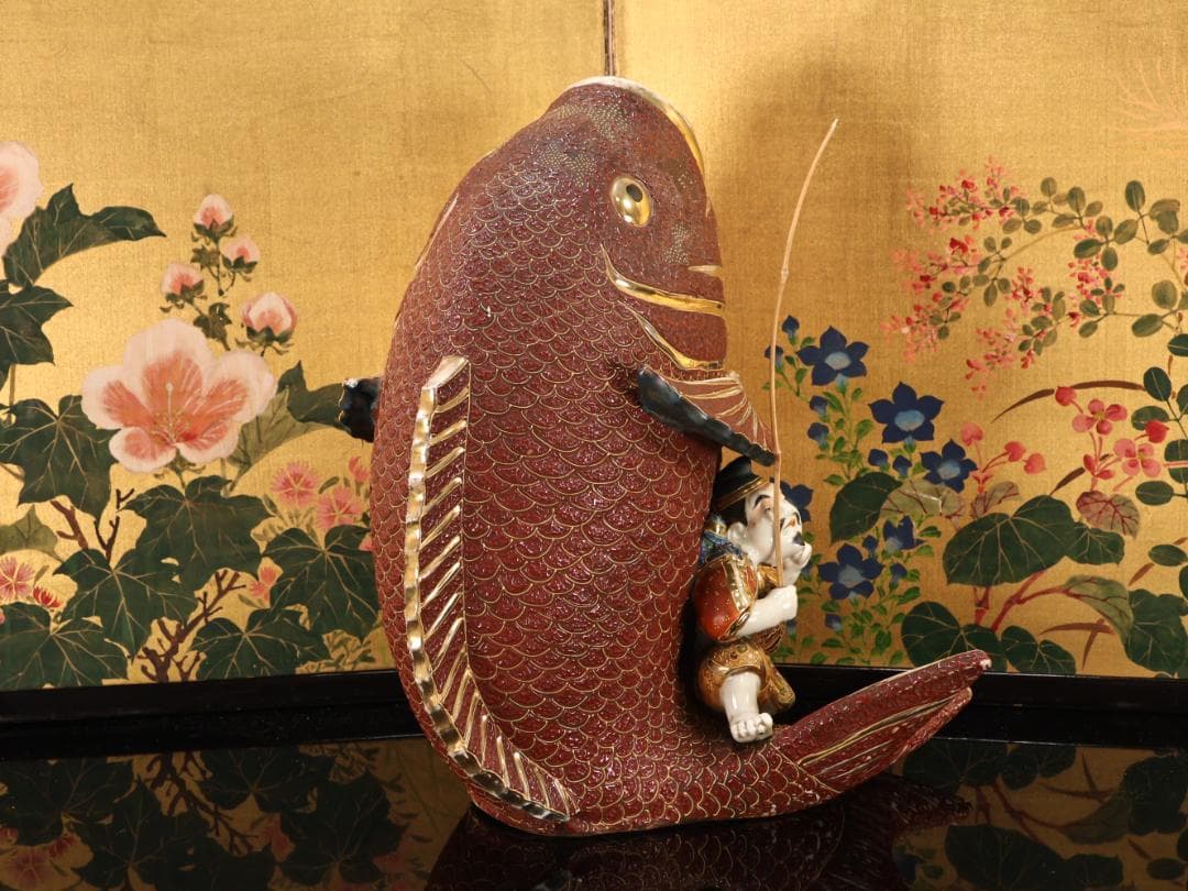 BK525　古九谷　色絵金彩　大鯛恵比寿置物　花瓶 花器 古美術品　床飾