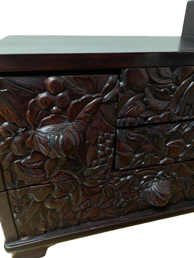 中国 唐木家具 鏡台　小箪笥 彫刻チェスト 無垢　小物収納 アンティーク家具