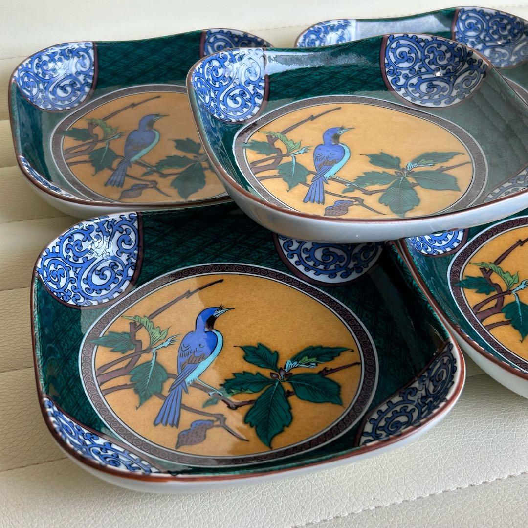 九谷焼　阿古窯　黄地花鳥　深皿揃　5枚セット　取り皿　銘々皿　色絵　蛸唐草　和皿