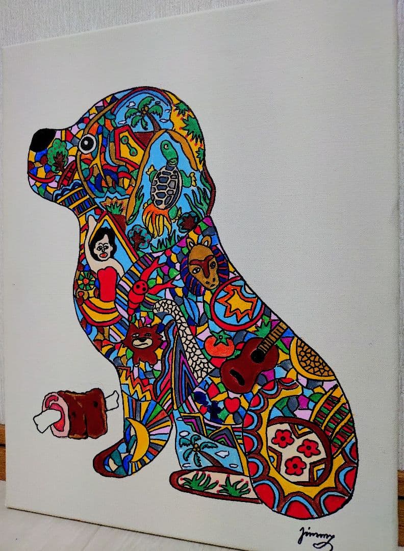 【F6号】ジミー大西【Dog】手描き/表裏サイン有り/油彩/アクリル/絵画/額縁