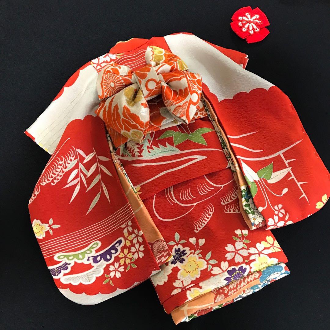 ＊ 市松人形 12号 小花 小柄 錦紗縮緬 着物 帯 ＊