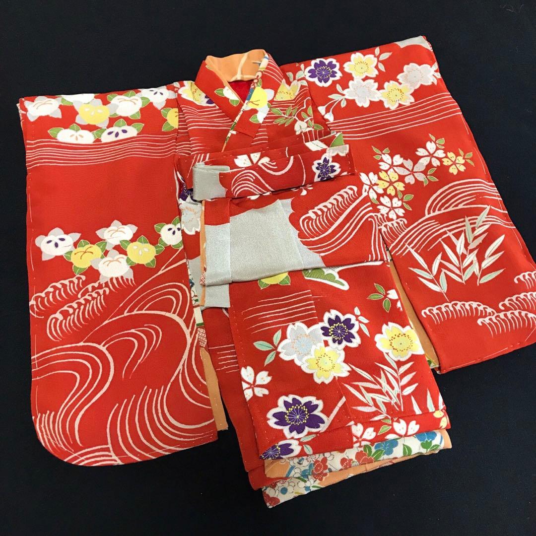 ＊ 市松人形 12号 小花 小柄 錦紗縮緬 着物 帯 ＊