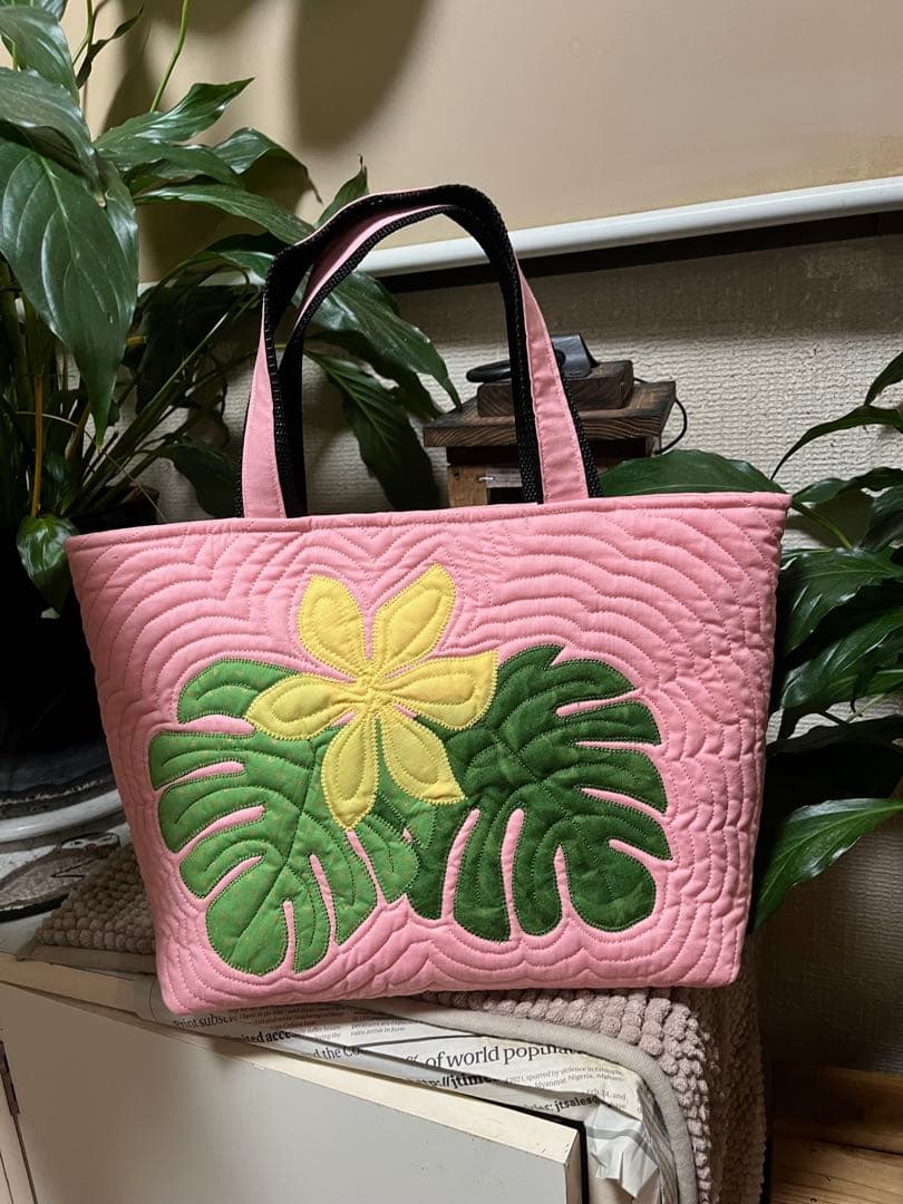 ハワイアンキルト　ハワイアンキルトバッグ　トートバッグ　モンステラ