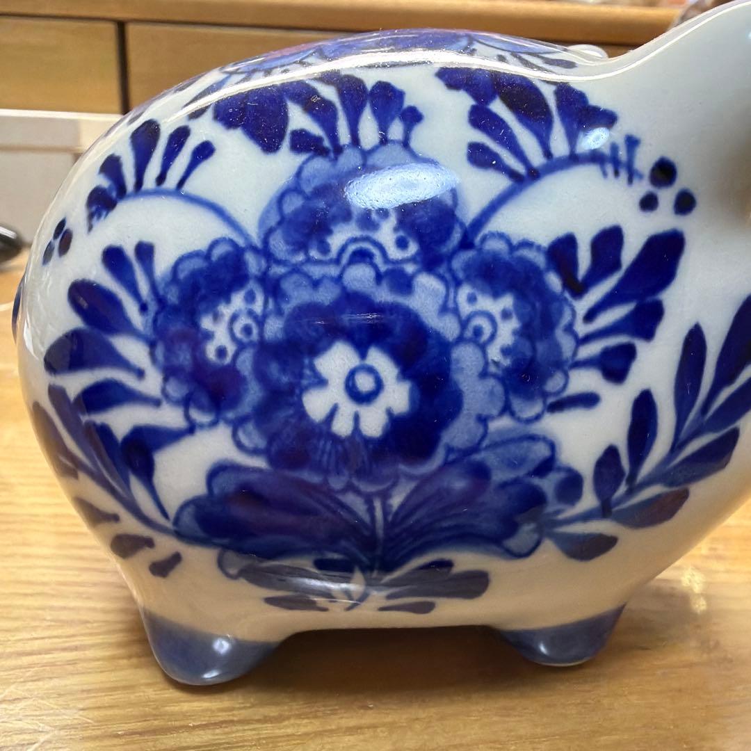 ヴィンテージハンドペイント デルフトブルー 豚貯金箱　ブルーホワイト　風車 花柄