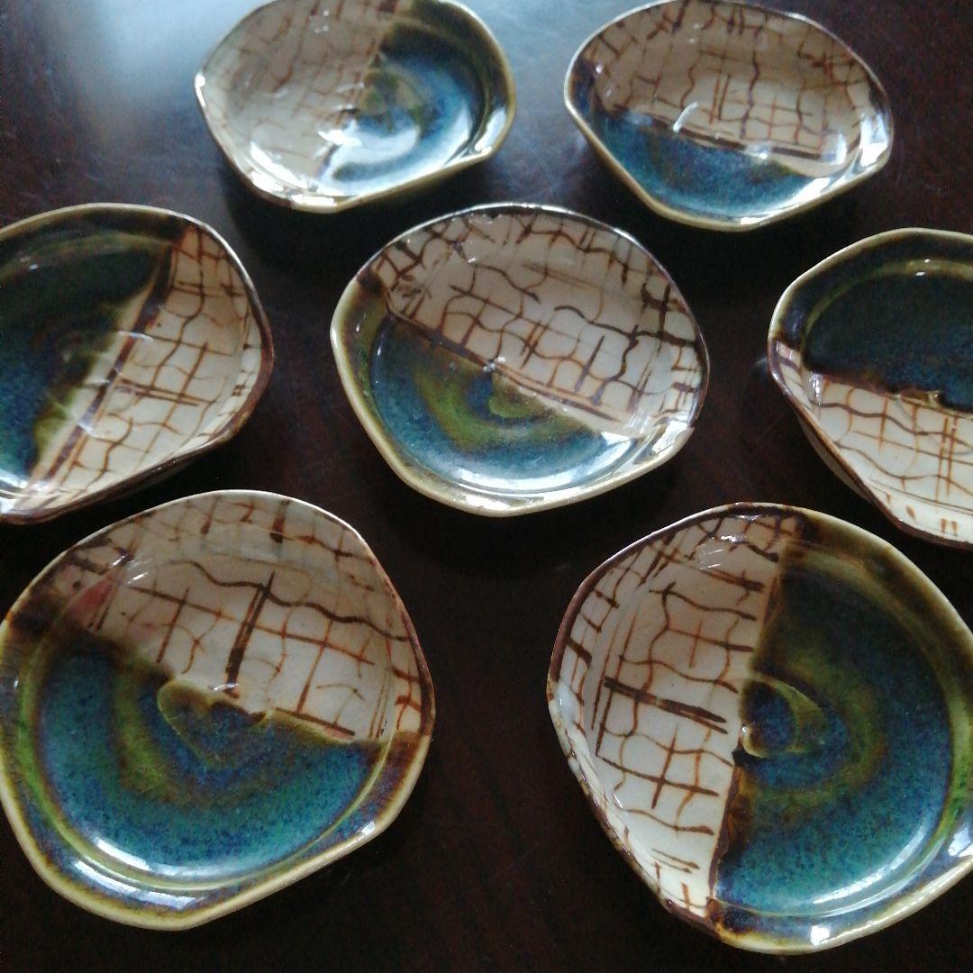 瀬戸焼　加藤作助　織部手塩皿　7枚　8cm　明治〜大正期