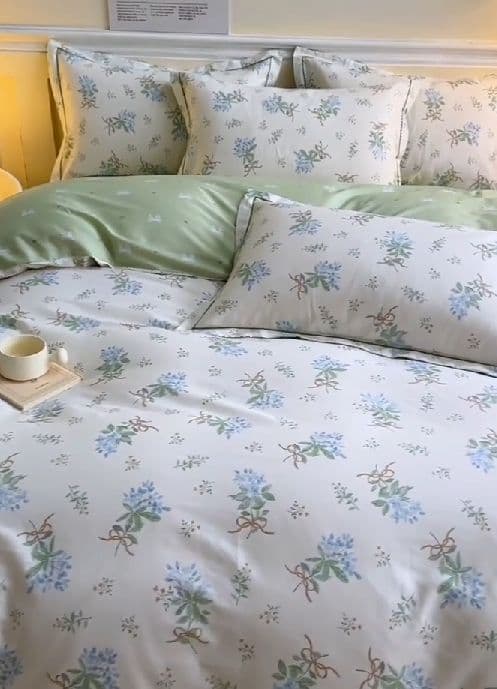 新品★綿100%ブルーすみれ花束とリボンのシングル布団カバーと枕カバー３点セット