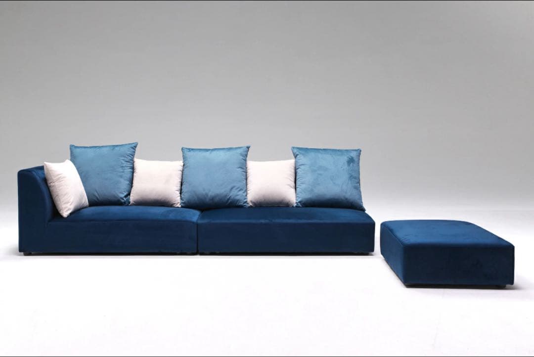 ✨送料無料✨カウチソファ3点セット　ベロア調　ダークブルー　✨保証書付✨②