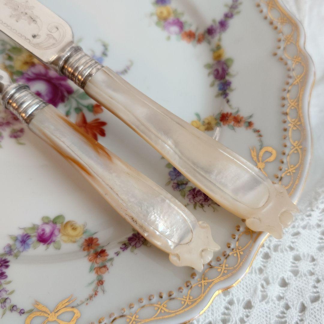 白蝶貝カトラリー　イギリス　アンティーク　マザーオブパール　フラワー セットC