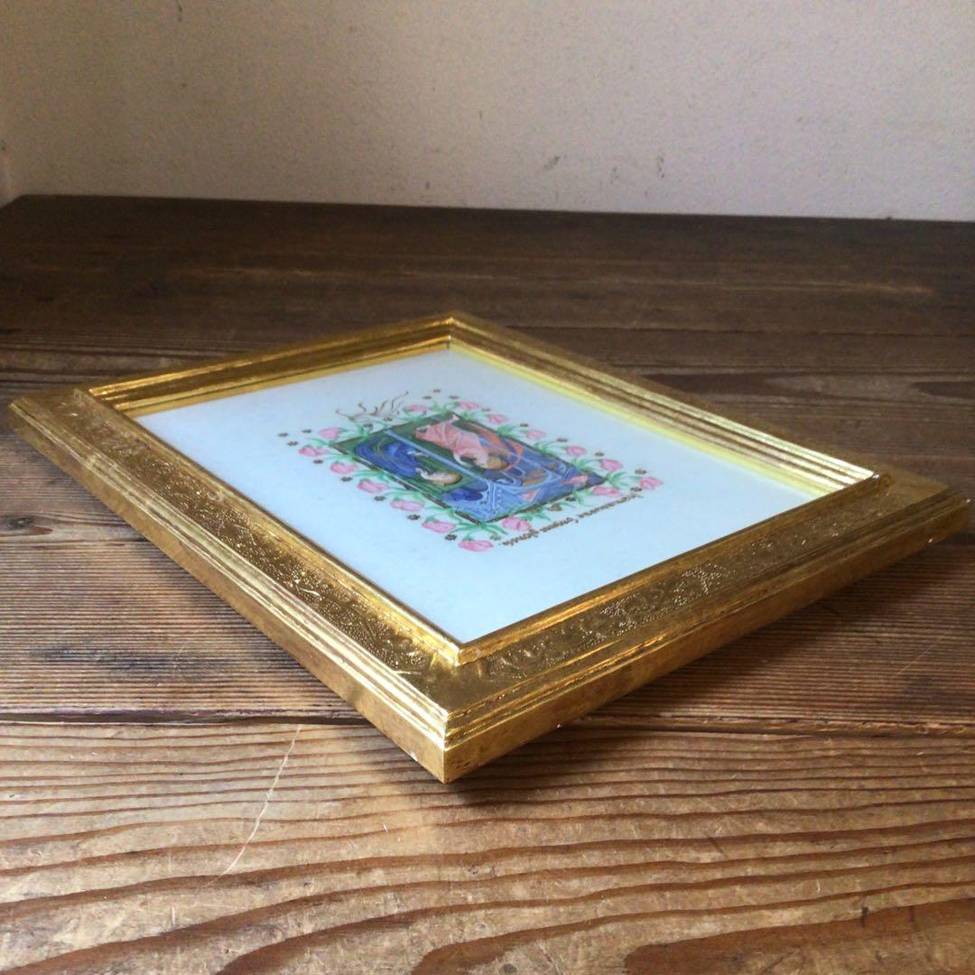 No3994 額装　聖母子　彩飾写本　金額縁　人物画　西洋　インテリア　送料無料