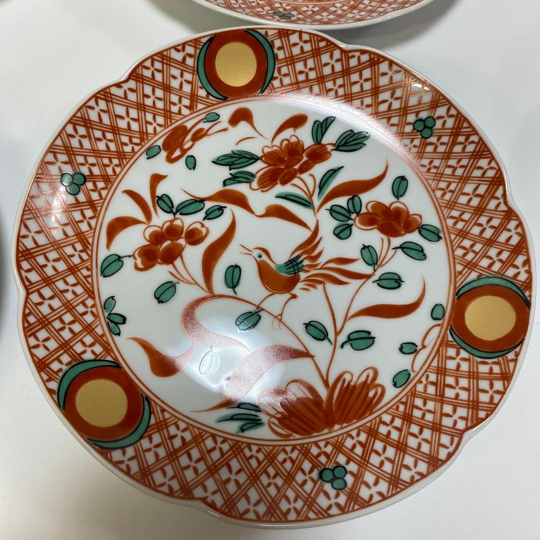 たち吉　花鳥　赤絵　金彩　丸　中皿　5枚セット　丸紋 初節句　和皿　希少品　呉須