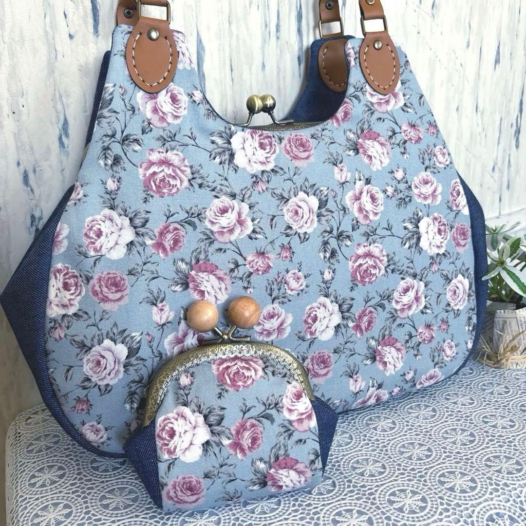 薔薇柄あおりがま口バッグ&がま口ポーチセット　ハンドメイド