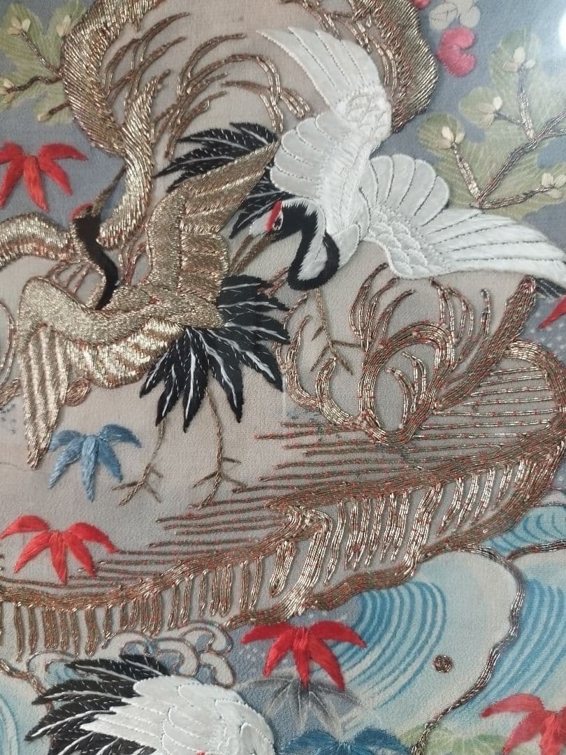 開運■縁起物■鶴亀太古岩紋様・縮緬打掛(額装仕上げ)華麗なる繊細な和装文化刺繍