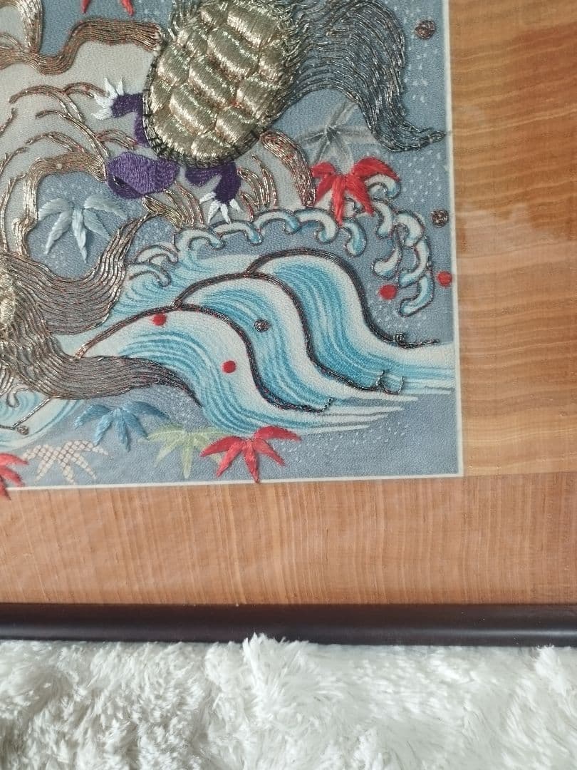 開運■縁起物■鶴亀太古岩紋様・縮緬打掛(額装仕上げ)華麗なる繊細な和装文化刺繍