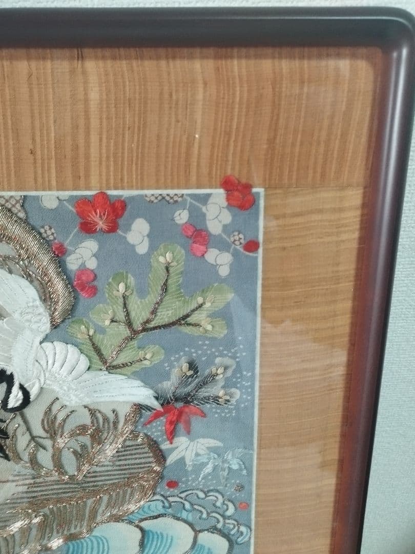 開運■縁起物■鶴亀太古岩紋様・縮緬打掛(額装仕上げ)華麗なる繊細な和装文化刺繍