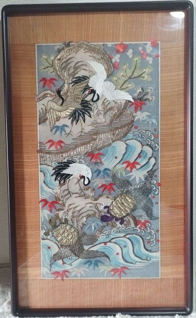 開運■縁起物■鶴亀太古岩紋様・縮緬打掛(額装仕上げ)華麗なる繊細な和装文化刺繍