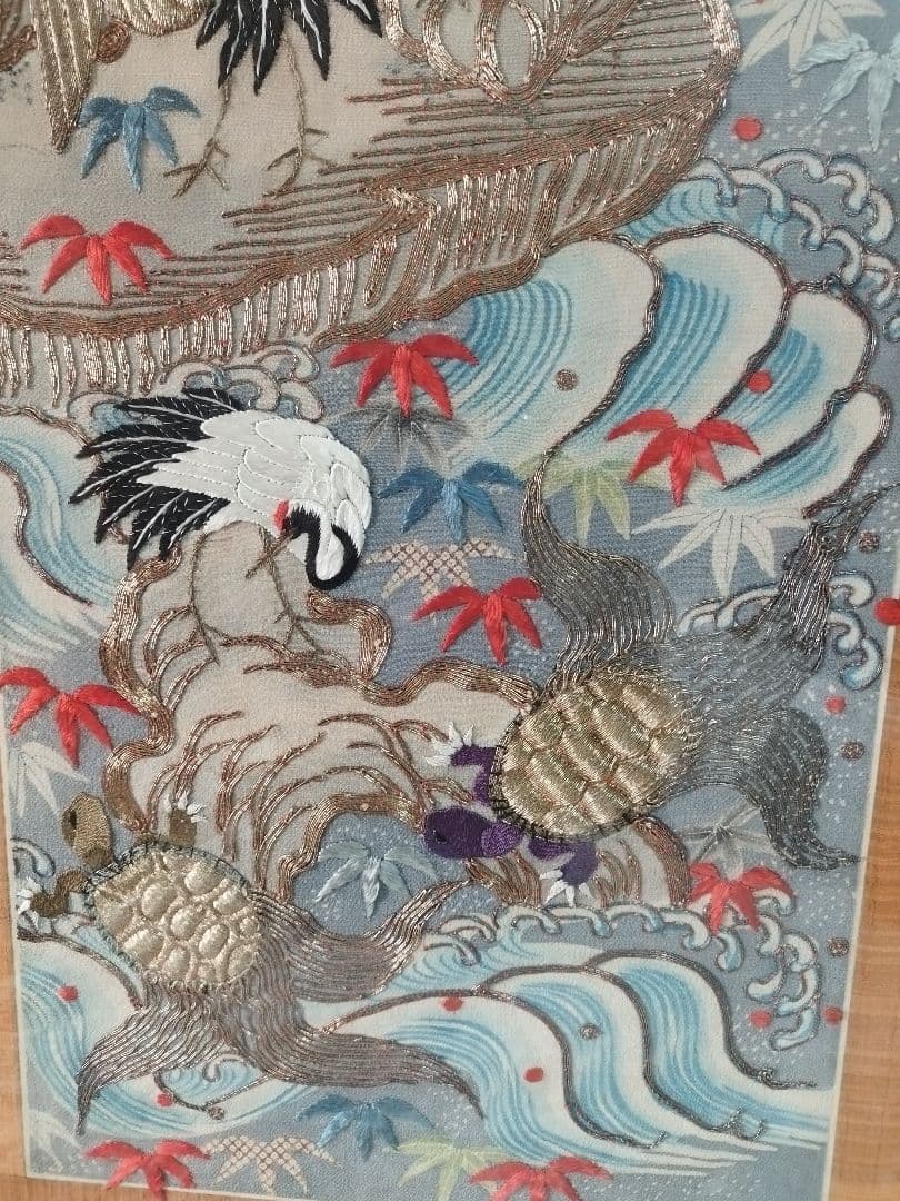 開運■縁起物■鶴亀太古岩紋様・縮緬打掛(額装仕上げ)華麗なる繊細な和装文化刺繍